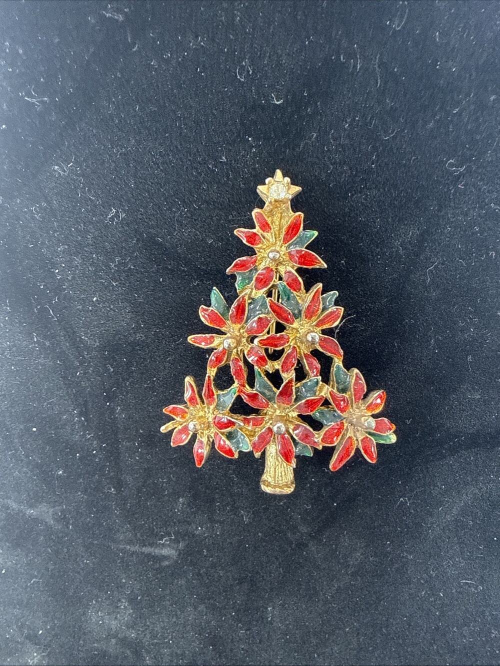 Vintage Lia Crystal Rhinestone Christmas Tree Brooch Pin Gold, Green, Red